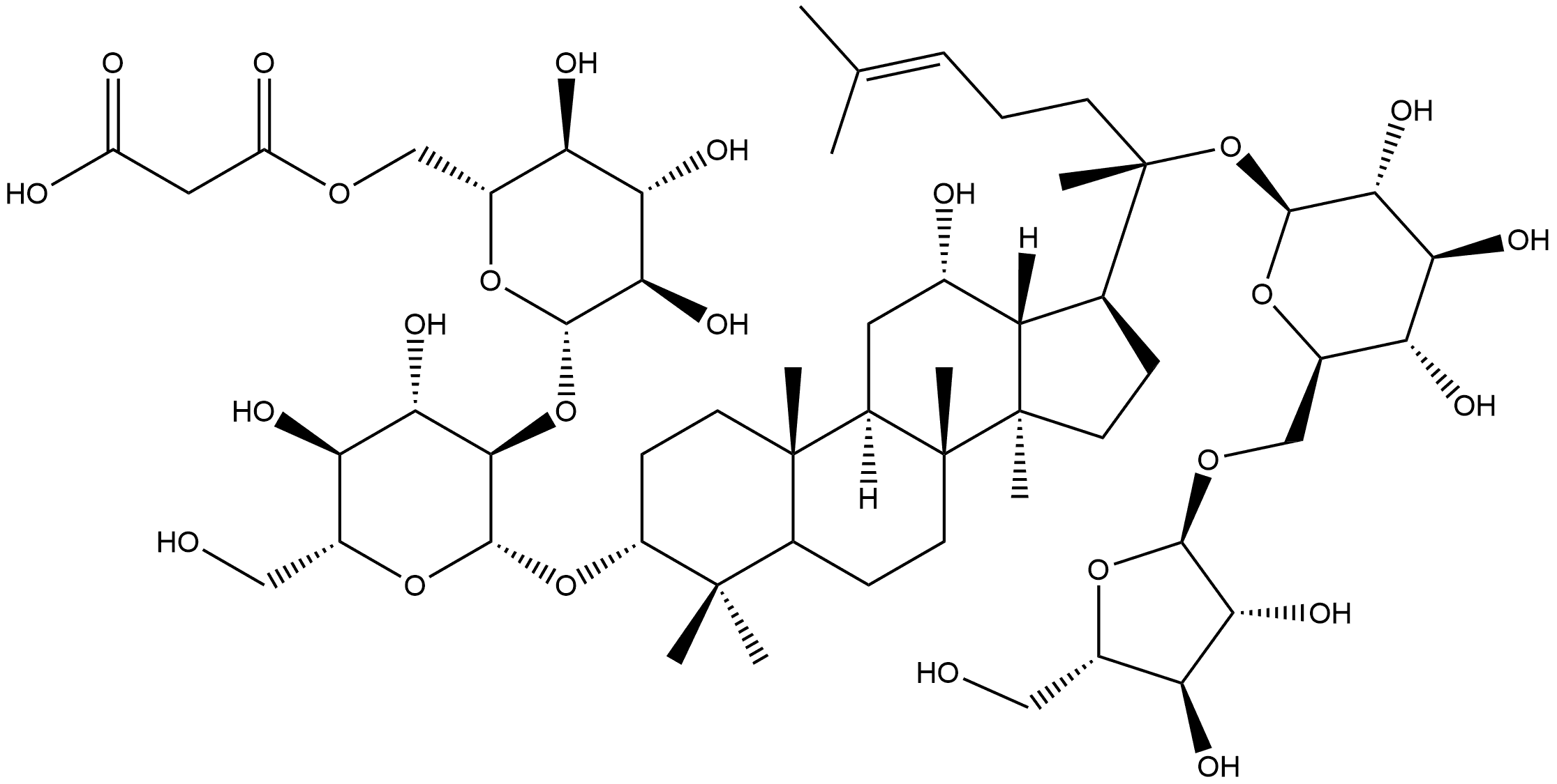 β-D-Glucopyranoside, (3β,12β)-20-[(6-O-α-L-arabinofuranosyl-β-D-glucopyranosyl)oxy]-12-hydroxydammar-24-en-3-yl 2-O-[6-O-(2-carboxyacetyl)-β-D-glucopyranosyl]- Struktur