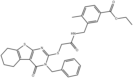 ethyl 3-[[[2-[(3-benzyl-4-oxo-5,6,7,8-tetrahydro-[1]benzothiolo[2,3-d]pyrimidin-2-yl)sulfanyl]acetyl]amino]methyl]-4-methylbenzoate Struktur