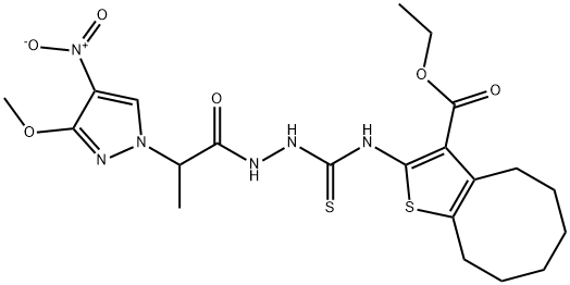 ethyl 2-(2-(2-(3-methoxy-4-nitro-1H-pyrazol-1-yl)propanoyl)hydrazinecarbothioamido)-4,5,6,7,8,9-hexahydrocycloocta[b]thiophene-3-carboxylate Struktur