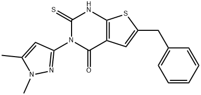 6-benzyl-3-(1,5-dimethylpyrazol-3-yl)-2-sulfanylidene-1H-thieno[2,3-d]pyrimidin-4-one Struktur