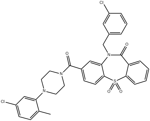 Dibenzo[b,f][1,4]thiazepin-11(10H)-one, 8-[[4-(5-chloro-2-methylphenyl)-1-piperazinyl]carbonyl]-10-[(3-chlorophenyl)methyl]-, 5,5-dioxide Struktur