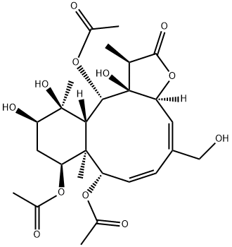 Benzo[4,5]cyclodeca[1,2-b]furan-2(1H)-one, 8,9,13-tris(acetyloxy)-3a,8,8a,9,10,11,12,12a,13,13a-decahydro-11,12,13a-trihydroxy-5-(hydroxymethyl)-1,8a,12-trimethyl-, (1R,3aS,4E,6Z,8S,8aR,9S,11R,12S,12aS,13S,13aS)- (9CI) Struktur