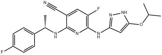 3-Pyridinecarbonitrile, 5-fluoro-2-[[(1S)-1-(4-fluorophenyl)ethyl]amino]-6-[[5-(1-methylethoxy)-1H-pyrazol-3-yl]amino]- Struktur