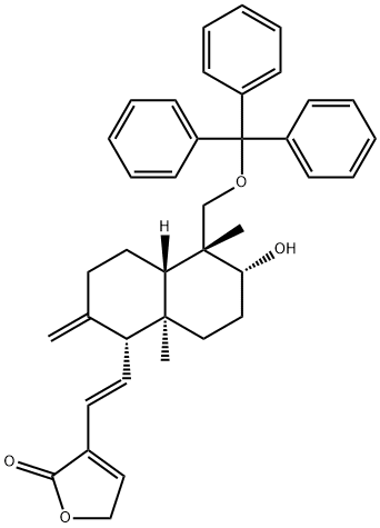 2(5H)-Furanone, 3-[(1E)-2-[(1R,4aS,5R,6R,8aR)-decahydro-6-hydroxy-5,8a-dimethyl-2-methylene-5-[(triphenylmethoxy)methyl]-1-naphthalenyl]ethenyl]- Struktur