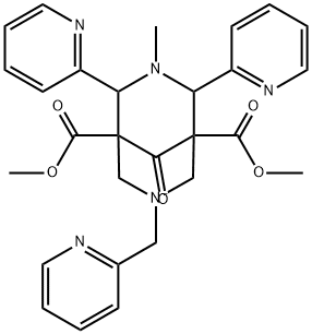 3,7-Diazabicyclo[3.3.1]nonane-1,5-dicarboxylic acid, 3-methyl-9-oxo-2,4-di-2-pyridinyl-7-(2-pyridinylmethyl)-, 1,5-dimethyl ester Struktur