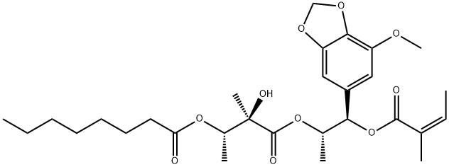 Octanoic acid, (1S,2R)-2-hydroxy-3-[(1S,2R)-2-(7-methoxy-1,3-benzodioxol-5-yl)-1-methyl-2-[[(2Z)-2-methyl-1-oxo-2-buten-1-yl]oxy]ethoxy]-1,2-dimethyl-3-oxopropyl ester Struktur