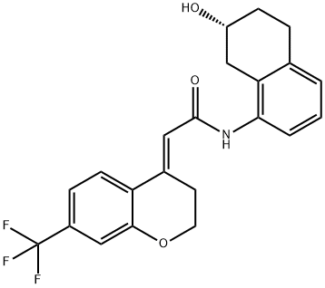 Acetamide, 2-[2,3-dihydro-7-(trifluoromethyl)-4H-1-benzopyran-4-ylidene]-N-[(7R)-5,6,7,8-tetrahydro-7-hydroxy-1-naphthalenyl]-, (2E)- Struktur