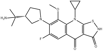 Isothiazolo[5,4-b]quinoline-3,4(2H,9H)-dione, 7-[(3R)-3-(1-amino-1-methylethyl)-1-pyrrolidinyl]-9-cyclopropyl-6-fluoro-8-methoxy- Struktur