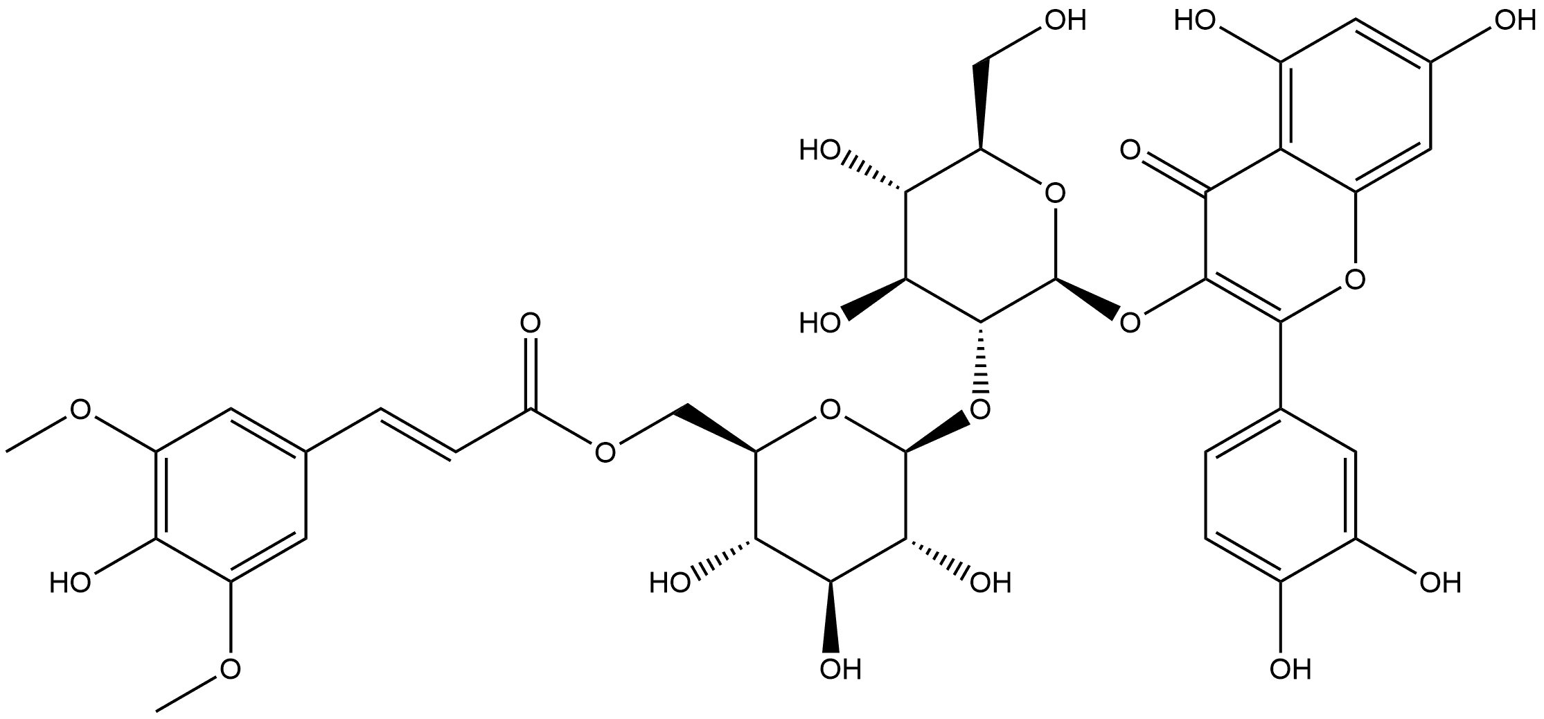 4H-1-Benzopyran-4-one, 2-(3,4-dihydroxyphenyl)-5,7-dihydroxy-3-[[2-O-[6-O-[(2E)-3-(4-hydroxy-3,5-dimethoxyphenyl)-1-oxo-2-propen-1-yl]-β-D-glucopyranosyl]-β-D-glucopyranosyl]oxy]- Struktur