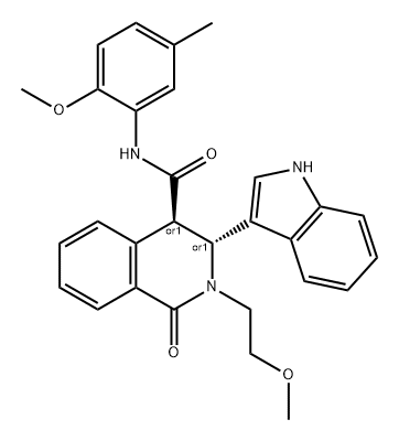 4-Isoquinolinecarboxamide, 1,2,3,4-tetrahydro-3-(1H-indol-3-yl)-2-(2-methoxyethyl)-N-(2-methoxy-5-methylphenyl)-1-oxo-, (3R,4R)-rel- Struktur