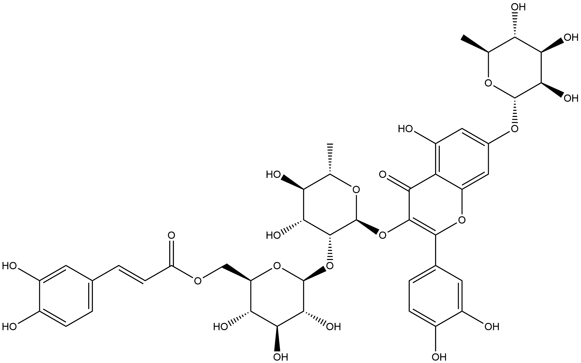 4H-1-Benzopyran-4-one, 3-[[6-deoxy-2-O-[6-O-[(2E)-3-(3,4-dihydroxyphenyl)-1-oxo-2-propen-1-yl]-β-D-glucopyranosyl]-α-L-mannopyranosyl]oxy]-7-[(6-deoxy-α-L-mannopyranosyl)oxy]-2-(3,4-dihydroxyphenyl)-5-hydroxy- Struktur