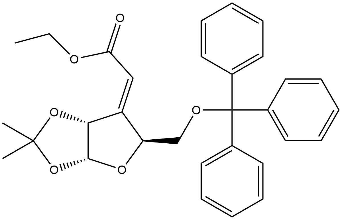 α-D-erythro-Pentofuranose, 3-deoxy-3-(2-ethoxy-2-oxoethylidene)-1,2-O-(1-methylethylidene)-5-O-(triphenylmethyl)-, (3Z)- Struktur