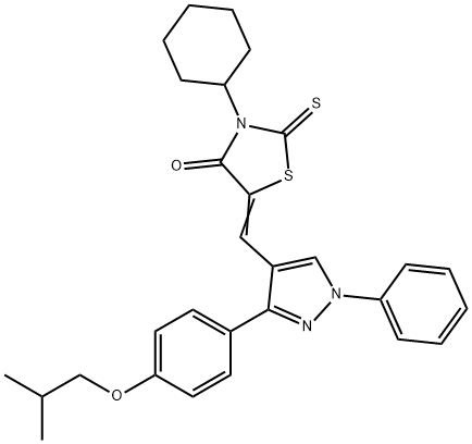 (5Z)-3-cyclohexyl-5-[[3-[4-(2-methylpropoxy)phenyl]-1-phenylpyrazol-4-yl]methylidene]-2-sulfanylidene-1,3-thiazolidin-4-one Struktur