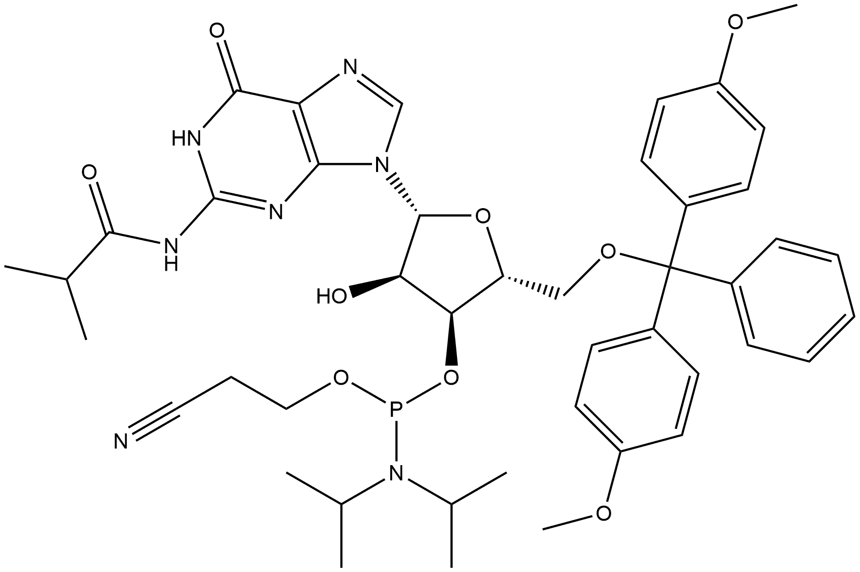 5'-Dimethoxytrityl-N-p-isopropylphenoxyacetyl-Guanosine, 2'-O-TBDMS-3'-[(2-cyanoethyl)-(N,N-diisopropyl)]-phosphoramidite Struktur