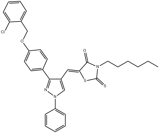 (5Z)-5-[[3-[4-[(2-chlorophenyl)methoxy]phenyl]-1-phenylpyrazol-4-yl]methylidene]-3-hexyl-2-sulfanylidene-1,3-thiazolidin-4-one Struktur