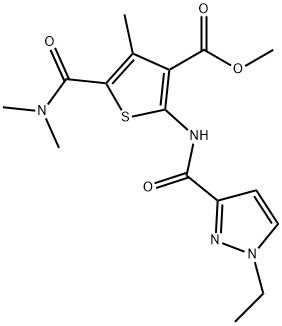 methyl 5-(dimethylcarbamoyl)-2-(1-ethyl-1H-pyrazole-3-carboxamido)-4-methylthiophene-3-carboxylate Struktur