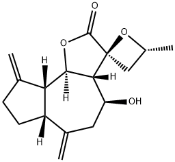 (3S,4'R)-3aβ,4,5,6,6aβ,7,8,9,9aβ,9bα-Decahydro-4β-hydroxy-4'-methyl-6,9-bismethylenespiro[azuleno[4,5-b]furan-3(2H),2'-oxetan]-2-one Struktur