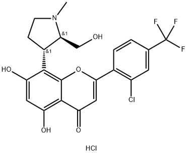 4H-1-Benzopyran-4-one, 2-[2-chloro-4-(trifluoromethyl)phenyl]-5,7-dihydroxy-8-[(2R,3S)-2-(hydroxymethyl)-1-methyl-3-pyrrolidinyl]-, hydrochloride (1:1) Struktur