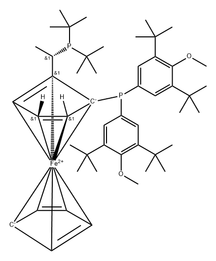 Ferrocene, 1-[bis[3,5-bis(1,1-dimethylethyl)-4-methoxyphenyl]phosphino]-2-[(1S)-1-[bis(1,1-dimethylethyl)phosphino]ethyl]-, (1R)- Struktur