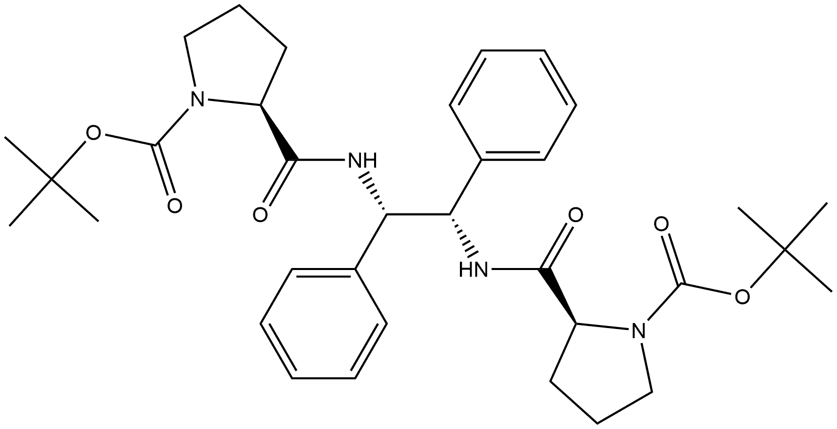 1-Pyrrolidinecarboxylic acid, 2,2'-[[(1S,2S)-1,2-diphenyl-1,2-ethanediyl]bis(iminocarbonyl)]bis-, 1,1'-bis(1,1-dimethylethyl) ester, (2S,2'S)- Struktur