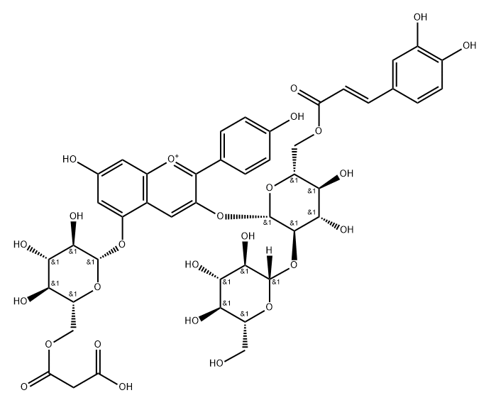 天竺葵色素-3-O-[6-O-(E)-咖啡酰槐糖苷]-5-O-(6-O-丙二?；?-Β-D-葡萄糖苷, 1034402-86-2, 結(jié)構(gòu)式