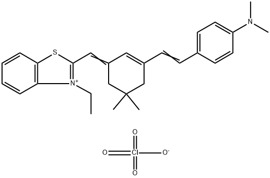 Benzothiazolium, 2-[[3-[2-[4-(dimethylamino)phenyl]ethenyl]-5,5-dimethyl-2-cyclohexen-1-ylidene]methyl]-3-ethyl-, perchlorate (1:1) Struktur