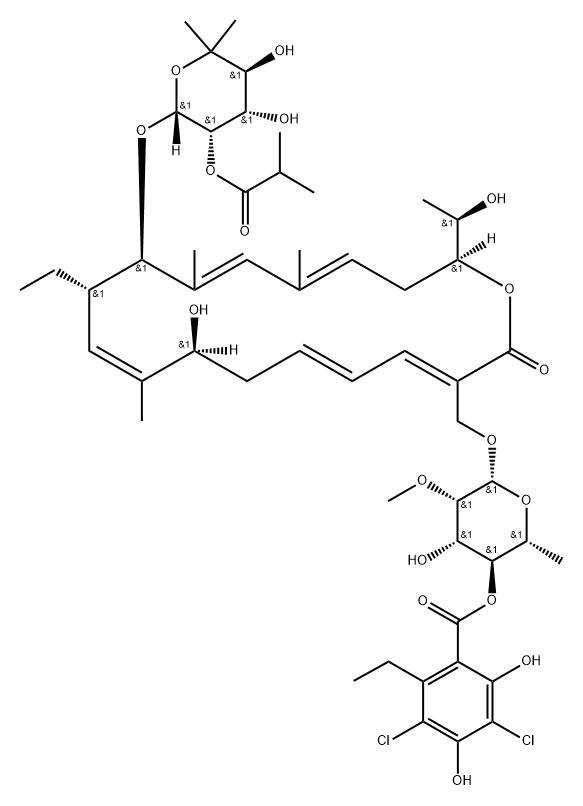 Oxacyclooctadeca-3,5,9,13,15-pentaen-2-one, 3-[[[6-deoxy-4-O-(3,5-dichloro-2-ethyl-4,6-dihydroxybenzoyl)-2-O-methyl-β-D-mannopyranosyl]oxy]methyl]-12-[[6-deoxy-5-C-methyl-2-O-(2-methyl-1-oxopropyl)-β-D-lyxo-hexopyranosyl]oxy]-11-ethyl-8-hydroxy-18-[(1R)-1-hydroxyethyl]-9,13,15-trimethyl-, (3E,5E,8S,9E,11S,12R,13E,15E,18S)- Struktur