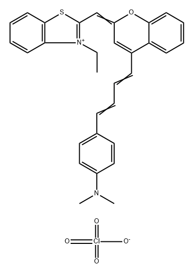 Benzothiazolium, 2-[[4-[4-[4-(dimethylamino)phenyl]-1,3-butadien-1-yl]-2H-1-benzopyran-2-ylidene]methyl]-3-ethyl-, perchlorate (1:1) Struktur