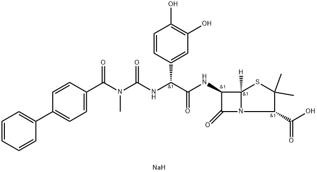 2-(3'-(4-phenylphenylcarbonyl)-3'-methyl-1'-ureido)-2-(3,4-dihydroxyphenyl)acetamidopenicillanate Struktur