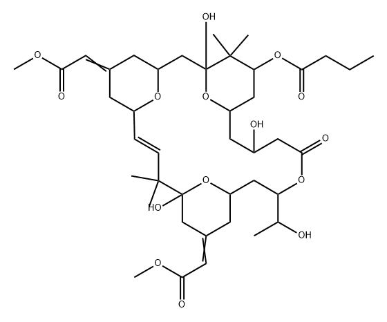 Butanoic acid, (1S,3S,5Z,7R,8E,11R,13E,15S,17R,21R,23R,25S)-1,11,21-trihydroxy-17-(1R)-1-hydroxyethyl-5,13-bis(2-methoxy-2-oxoethylidene)-10,10,26,26-tetramethyl-19-oxo-18,27,28,29-tetraoxatetracyclo21.3.1.13,7.111,15nonacos-8-en-25-yl ester Struktur