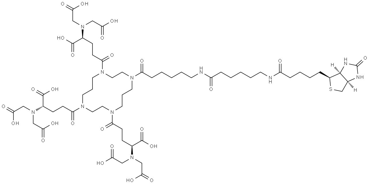 1,4,8,11-Tetraazacyclotetradecane-1,4,8-tripentanoic acid, α1,α4,α8-tris[bis(carboxymethyl)amino]-11-[6-[[6-[[5-[(3aS,4S,6aR)-hexahydro-2-oxo-1H-thieno[3,4-d]imidazol-4-yl]-1-oxopentyl]amino]-1-oxohexyl]amino]-1-oxohexyl]-δ1,δ4,δ8-trioxo-, (α1S,α4S,α8S)- Struktur