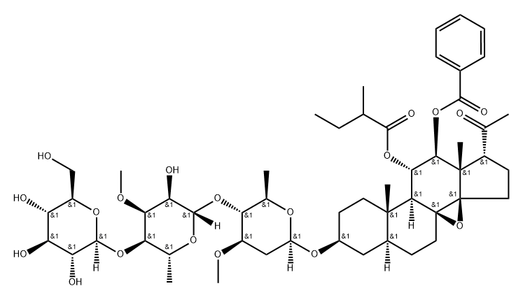 Pregnan-20-one, 12-(benzoyloxy)-8,14-epoxy-3-[(O-β-D-glucopyranosyl-(1→4)-O-6-deoxy-3-O-methyl-β-D-allopyranosyl-(1→4)-2,6-dideoxy-3-O-methyl-β-D-arabino-hexopyranosyl)oxy]-11-(2-methylbutoxy)-, (3β,5α,11α,12β,14β,17α)- (9CI) Struktur