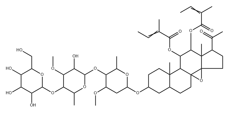 Pregnan-20-one, 8,14-epoxy-3-[(O-β-D-glucopyranosyl-(1→4)-O-6-deoxy-3-O-methyl-β-D-allopyranosyl-(1→4)-O-2,6-dideoxy-3-O-methyl-β-D-arabino-hexopyranosyl)oxy]-11,12-bis[[(2E)-2-methyl-1-oxo-2-buten-1-yl]oxy]-, (3β,5α,11α,12β,14β,17α)- Struktur