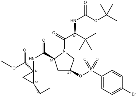 Cyclopropanecarboxyl?ic acid, N-?[(1,?1-?dimethylethoxy)?carbonyl]?-?3-?methyl-?L-?valyl-?(4S)?-?4-?[[(4-?bromophenyl)?sulfonyl]?oxy]?-?L-?prolyl-?1-?amino-?2-?ethyl-?, methyl ester, (1R,?2R)?- Struktur