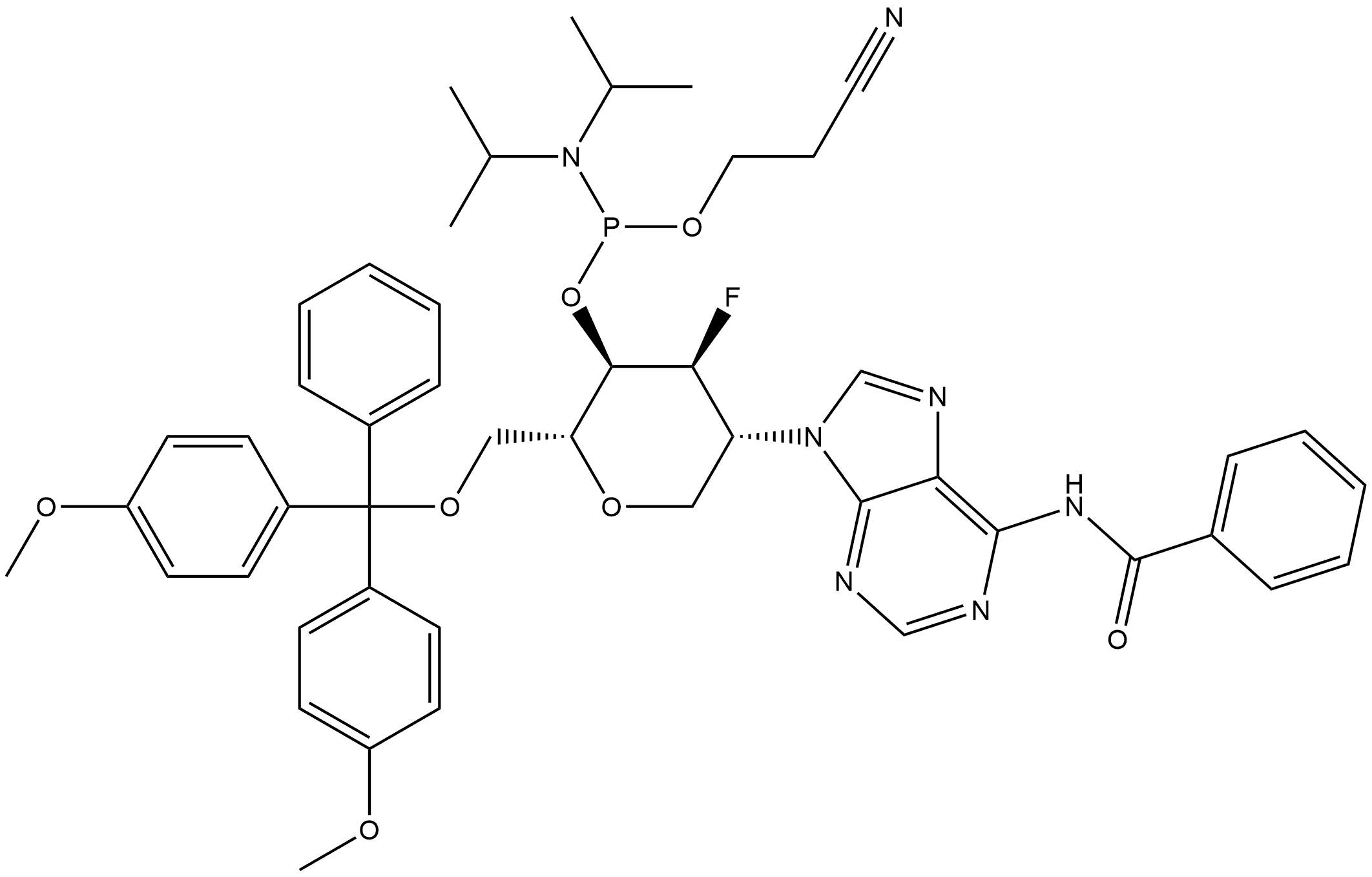 D-Altritol, 1,5-anhydro-2-[6-(benzoylamino)-9H-purin-9-yl]-6-O-[bis(4-methoxyphenyl)phenylmethyl]-2,3-dideoxy-3-fluoro-, 4-[2-cyanoethyl N,N-bis(1-methylethyl)phosphoramidite] Struktur