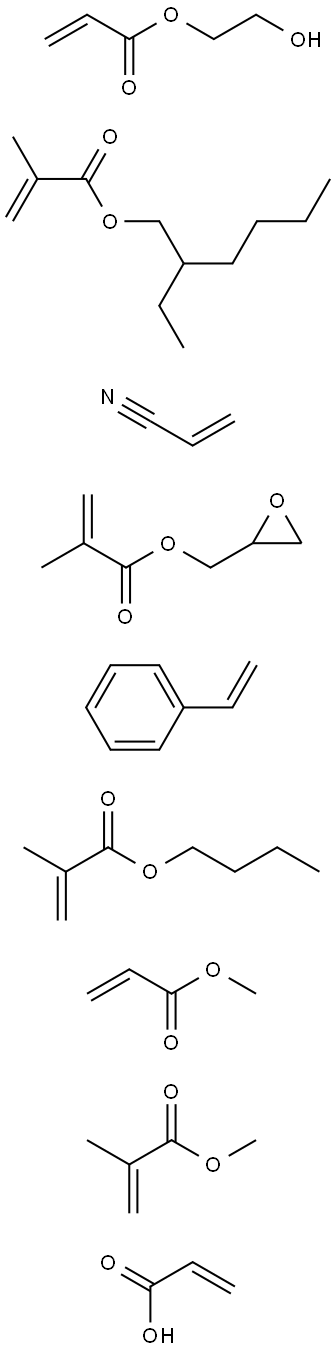 2-Propenoic acid, 2-methyl-, butyl ester, polymer with ethenylbenzene, 2-ethylhexyl 2-methyl-2-propenoate, 2-hydroxyethyl 2-propenoate, methyl 2-methyl-2-propenoate, methyl 2-propenoate, oxiranylmethyl 2-methyl-2-propenoate, 2-propenenitrile and 2-propeno Struktur