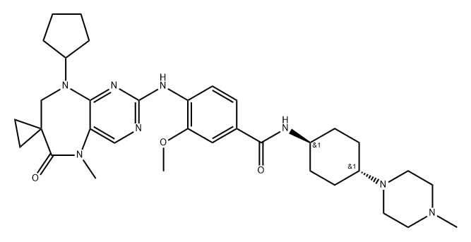 Benzamide, 4-[(9'-cyclopentyl-8',9'-dihydro-5'-methyl-6'-oxospiro[cyclopropane-1,7'-[7H]pyrimido[4,5-b][1,4]diazepine]-2'(5'H)-yl)amino]-3-methoxy-N-[trans-4-(4-methyl-1-piperazinyl)cyclohexyl]- Struktur