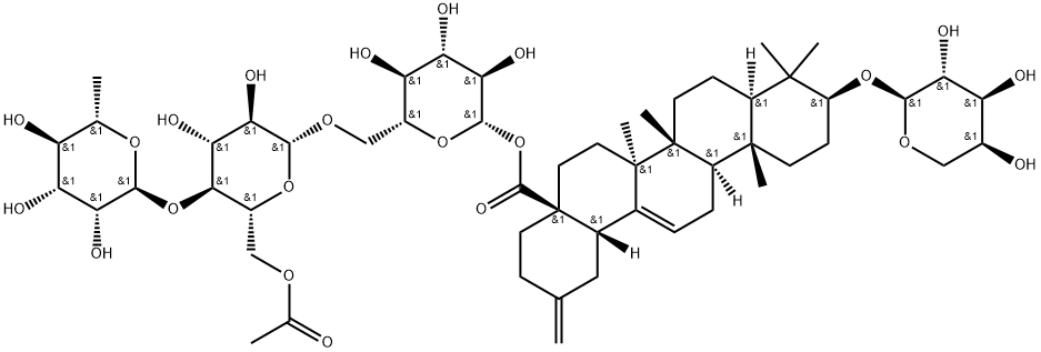 30-Noroleana-12,20(29)-dien-28-oic acid, 3-(α-L-arabinopyranosyloxy)-, O-6-deoxy-α-L-mannopyranosyl-(1→4)-O-6-O-acetyl-β-D-glucopyranosyl-(1→6)-β-D-glucopyranosyl ester, (3β)- Struktur