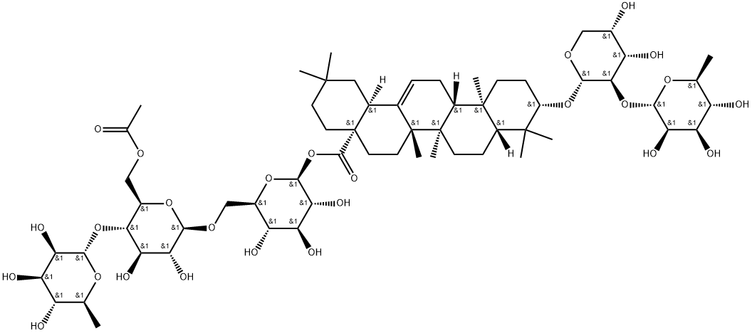 Olean-12-en-28-oic acid, 3-[[2-O-(6-deoxy-α-L-mannopyranosyl)-α-L-arabinopyranosyl]oxy]-, O-6-deoxy-α-L-mannopyranosyl-(1→4)-O-6-O-acetyl-β-D-glucopyranosyl-(1→6)-β-D-glucopyranosyl ester, (3β)- Struktur