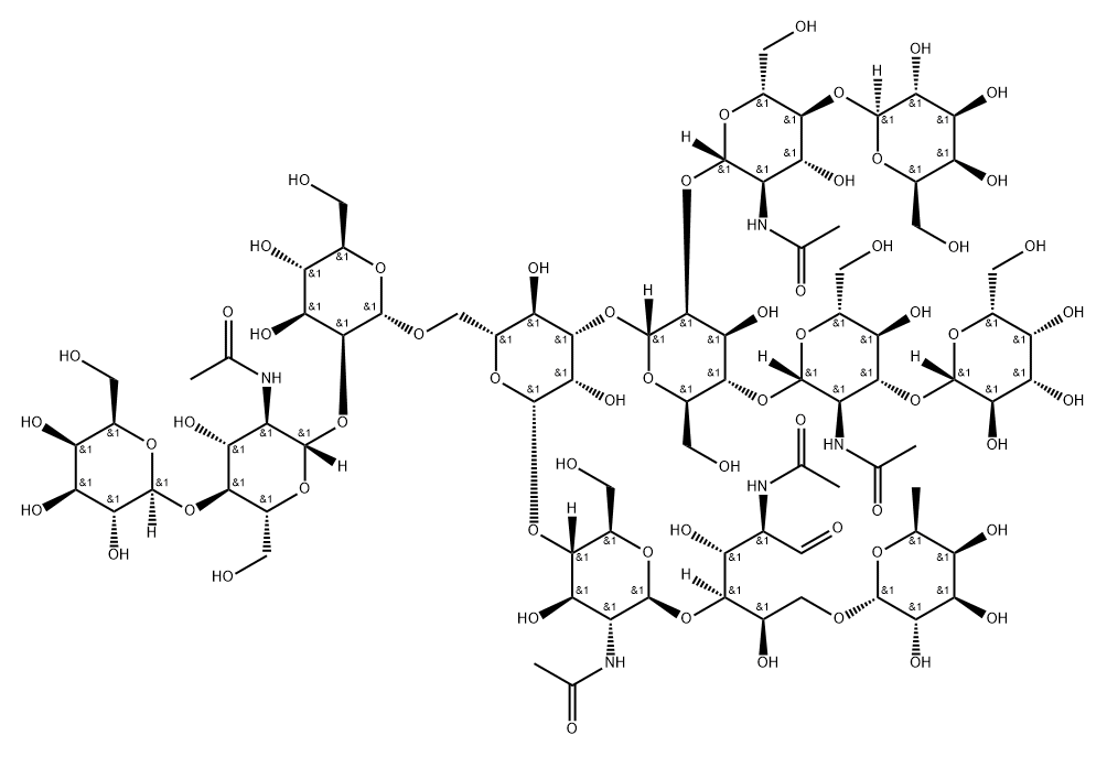 O-6-脫氧-ALPHA-L-吡喃半乳糖基-(1-6)-O-[O-BETA-D-吡喃半乳糖基-(1-3)-O-2-(乙酰氨基)-2-脫氧-BETA-D-吡喃葡萄糖基-(1-4)-O-[O-BETA-D-吡喃半乳糖基-(1-4)-2-(乙酰氨基)-2-脫氧-BETA-D-吡喃葡萄糖基-(1-2)]-O-ALPHA-D-甘露糖基-(1-3)-O-[O-BETA-D-吡喃半乳糖基-(1-4)-O-2-(乙酰氨基)-2-脫氧-BETA-D-吡喃葡萄糖基-(1-2)-ALPHA-D-甘露糖基-(1-6)]-O-BETA-D-甘露糖基-(1-4)-2-(乙酰氨基)-2-脫氧-BETA-D-吡喃葡萄糖基-(, 115142-60-4, 結(jié)構(gòu)式