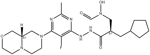 Cyclopentanepropanoic acid, α-[(forMylhydroxyaMino)Methyl]-, 2-[5-fluoro-6-[(9aS)-hexahydropyrazino[2,1-c][1,4]oxazin-8(1H)-yl]-2-Methyl-4-pyriMidinyl]hydrazide, (αR)- Struktur