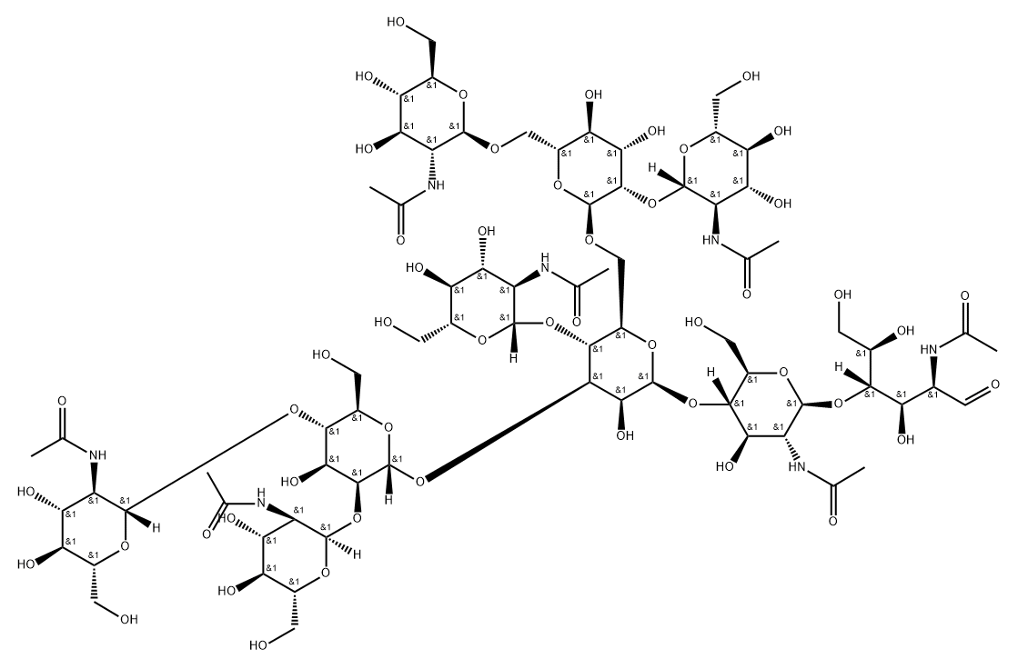 O-2-(Acetylamino)-2-deoxy-alpha-D-glucopyranosyl-(1-2)-O-[2-(acetylamino)-2-deoxy-beta-D-glucopyranosyl-(1-4)]-O-alpha-D-mannopyranosyl-(1-3)-O-[2-(acetylamino)-2-deoxy-beta-D-glucopyranosyl-(1-4)]-O-[O-2-(acetylamino)-2-deoxy-beta-D-glucopyranosyl-(1-2)-O-[2-(acetylamino)-2-deoxy-beta-D-glucopyranosyl-(1-6)]-alpha-D-mannopyranosyl-(1-6)]-O-beta-D-mannopyranosyl-(1-4)-O-2-(acetylamino)-2-deoxy-beta-D-glucopyranosyl-(1-4)-2-(acetylamino)-2-deoxy-D-glucose Struktur