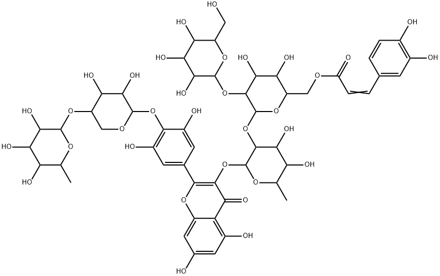 4H-1-Benzopyran-4-one, 2-[4-[[4-O-(6-deoxy-α-L-mannopyranosyl)-β-D-xylopyranosyl]oxy]-3,5-dihydroxyphenyl]-3-[[O-β-D-glucopyranosyl-(1→2)-O-6-O-[(2E)-3-(3,4-dihydroxyphenyl)-1-oxo-2-propen-1-yl]-β-D-glucopyranosyl-(1→2)-6-deoxy-α-L-mannopyranosyl]oxy]-5,7-dihydroxy- Struktur