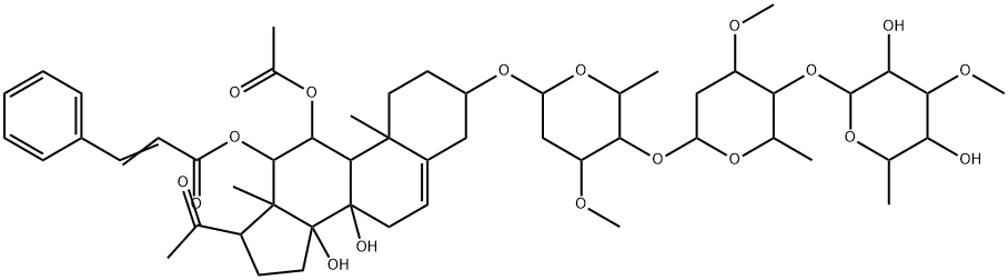 Pregn-5-en-20-one, 11-(acetyloxy)-3-[(O-6-deoxy-3-O-methyl-β-D-allopyranosyl-(1→4)-O-2,6-dideoxy-3-O-methyl-β-D-arabino-hexopyranosyl-(1→4)-2,6-dideoxy-3-O-methyl-β-D-ribo-hexopyranosyl)oxy]-8,14-dihydroxy-12-[(1-oxo-3-phenyl-2-propenyl)oxy]-, (3β,11α,12β,14β)- (9CI) Struktur