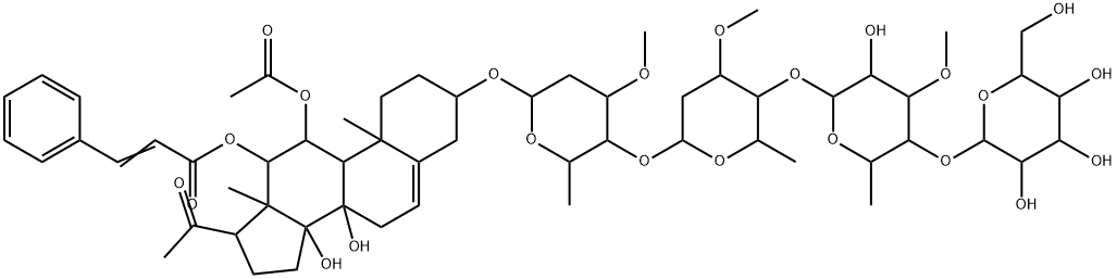 Pregn-5-en-20-one, 11-(acetyloxy)-3-[(O-β-D-glucopyranosyl-(1→4)-O-6-deoxy-3-O-methyl-β-D-allopyranosyl-(1→4)-O-2,6-dideoxy-3-O-methyl-β-D-arabino-hexopyranosyl-(1→4)-O-2,6-dideoxy-3-O-methyl-β-D-ribo-hexopyranosyl)oxy]-8,14-dihydroxy-12-[(1-oxo-3-phenyl-2-propenyl)oxy]-, (3β,11α,12β,14β)- (9CI) Struktur