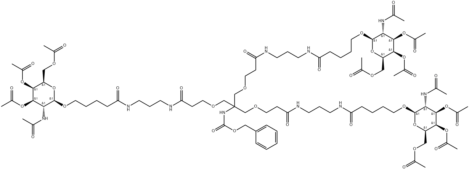 5-Oxa-2,9,13-triazaoctadecanoic acid, 8,14-dioxo-3,3-bis[[3-oxo-3-[[3-[[1-oxo-5-[[3,4,6-tri-O-acetyl-2-(acetylamino)-2-deoxy-β-D-galactopyranosyl]oxy]pentyl]amino]propyl]amino]propoxy]methyl]-18-[[3,4,6-tri-O-acetyl-2-(acetylamino)-2-deoxy-β-D-galactopyranosyl]oxy]-, phenylmethyl ester Struktur