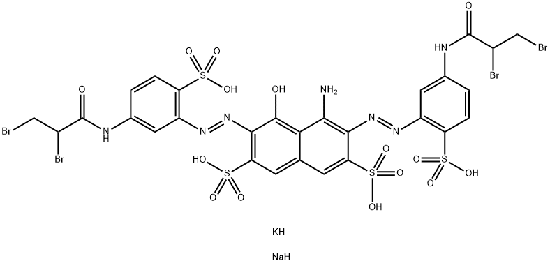 2,7-Naphthalenedisulfonic acid, 4-amino-3,6-bis5-(2,3-dibromo-1-oxopropyl)amino-2-sulfophenylazo-5-hydroxy-, potassium sodium salt Struktur