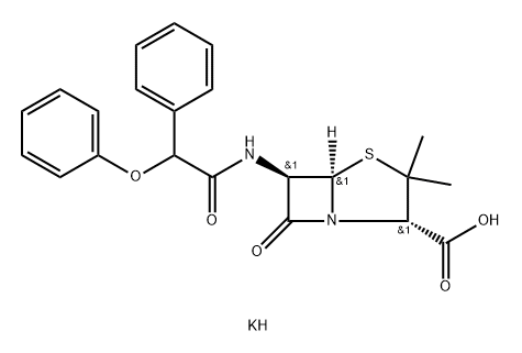 4-Thia-1-azabicyclo[3.2.0]heptane-2-carboxylicacid, 3,3-dimethyl-7-oxo-6-[(2-phenoxy-2-phenylacetyl)amino]-, potassium salt(1:1), (2S,5R,6R)- Struktur