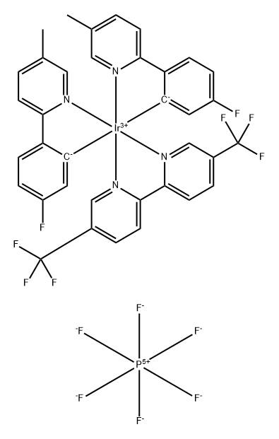 Iridium(1+), [5,5'-bis(trifluoromethyl)-2,2'-bipyridine-κN1,κN1']bis[5-fluoro-2-(5-methyl-2-pyridinyl-κN)phenyl-κC]-, (OC-6-33)-, hexafluorophosphate(1-) (1:1) Struktur