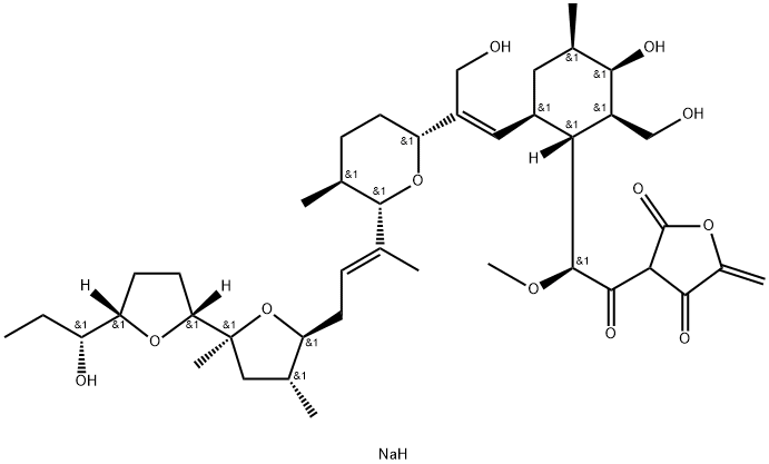 3-[(2S)-2-[(1R,2R,3R,4R,6S)-3-hydroxy-6-[(E)-3-hydroxy-2-[(2R,5S,6S)-6 -[(E)-4-[(2S,3R,5S)-5-[(2R,5S)-5-[(1R)-1-hydroxypropyl]oxolan-2-yl]-3, 5-dimethyl-oxolan-2-yl]but-2-en-2-yl]-5-methyl-oxan-2-yl]prop-1-enyl]- 2-(hydroxymethyl)-4-methyl-cyclohexyl]-2-methoxy-acetyl]-5-methylidene -oxolane-2,4-dione, sodium Struktur